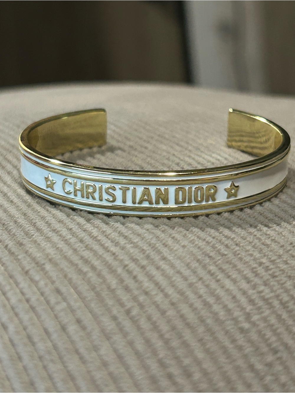 Gold and White Enamel Lettered Cuff Bracelet